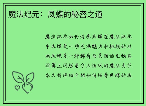 魔法纪元：凤蝶的秘密之道