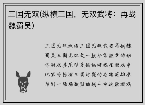 三国无双(纵横三国，无双武将：再战魏蜀吴)